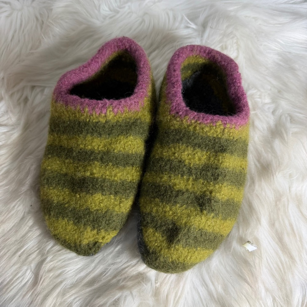 Handmade Felted‎ Boiled Wool Slippers Striped Green Pink House Shoes Womens